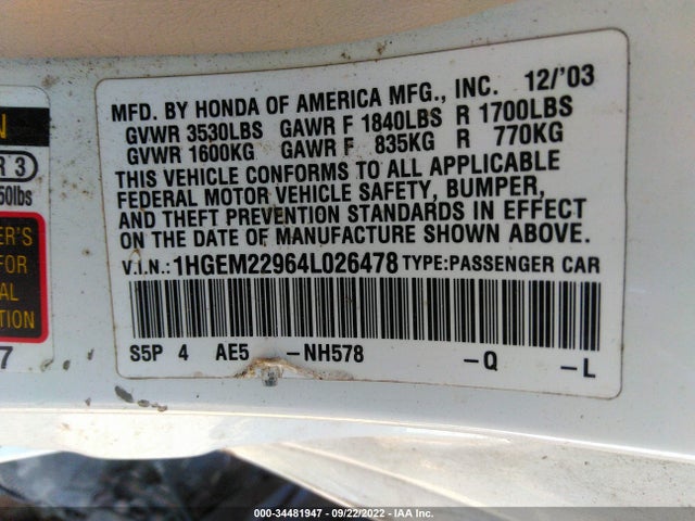 2004 HONDA CIVIC EX VIN: 1HGEM22964L026478