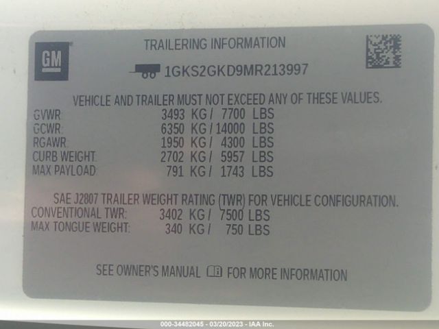 1GKS2GKD9MR213997 GMC Yukon Xl Slt