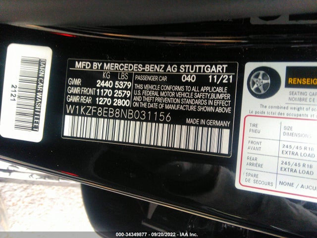 2022 Mercedes-Benz E-Class, VIN: W1KZF8EB8NB031156