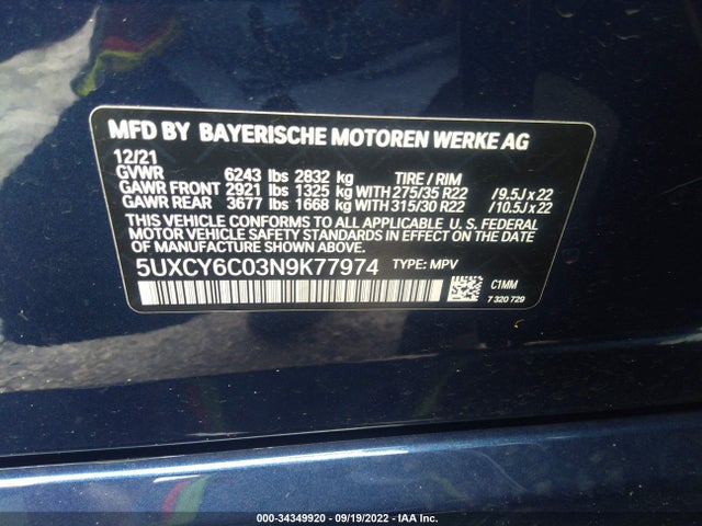 2022 BMW X6, VIN: 5UXCY6C03N9K77974