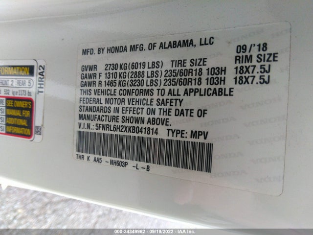 Honda ODYSSEY LX 2019 5FNRL6H2XKB041814 Image 9