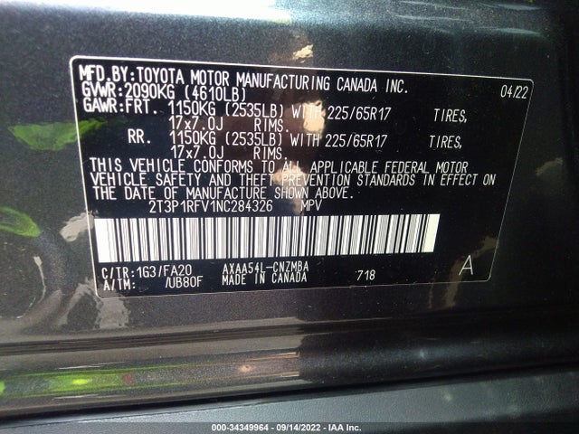 2022 Toyota RAV4, VIN: 2T3P1RFV1NC284326