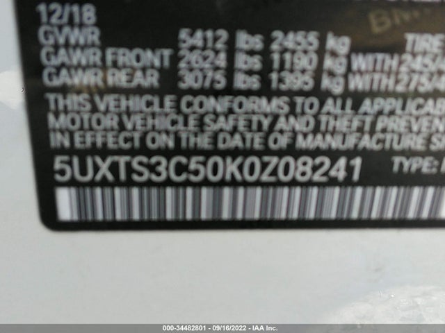 2019 BMW X3, VIN: 5UXTS3C50K0Z08241