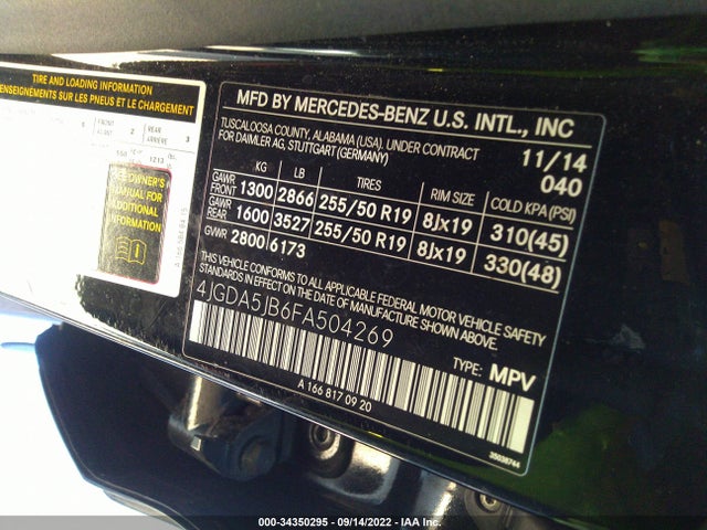 2015 Mercedes-Benz M-Class, VIN: 4JGDA5JB6FA504269