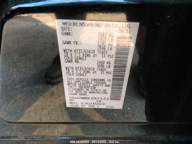 2013 NISSAN PATHFINDER SL VIN: 5N1AR2MM8DC687523