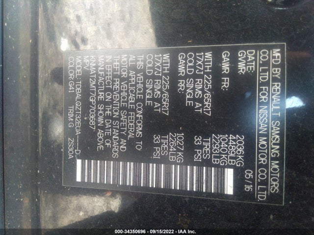 34350696 :رقم المزاد ، KNMAT2MT7GP703687 vin ، 2016 Nissan Rogue Sv/sl/s مزاد بيع