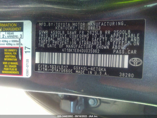 2013 TOYOTA AVALON XLE/LIMITED VIN: 4T1BK1EB4DU035962