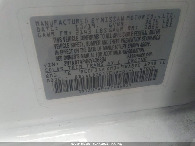 Nissan SENTRA SV 2019 3N1AB7AP4KY436834 Image 10
