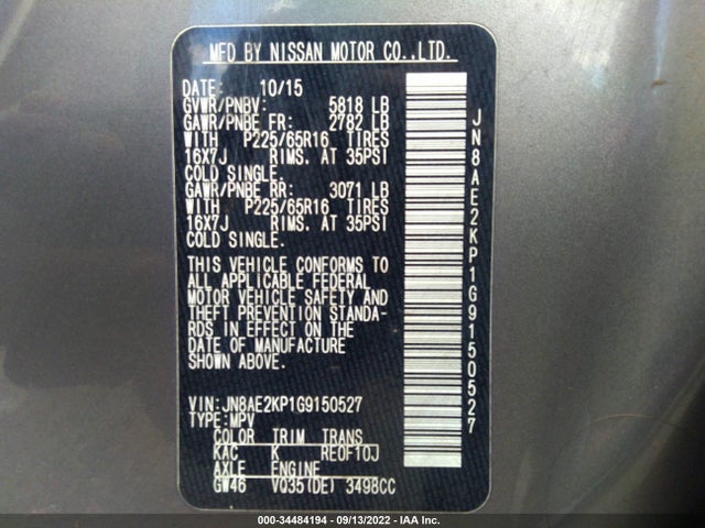 2016 Nissan Quest, VIN: JN8AE2KP1G9150527