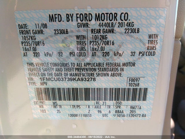2009 FORD ESCAPE XLT VIN: 1FMCU03739KA93278