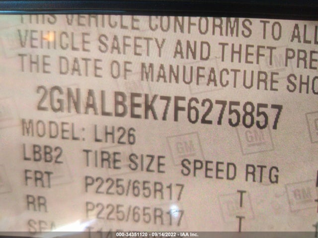 2015 CHEVROLET EQUINOX LT VIN: 2GNALBEK7F6275857