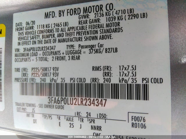 2020 Ford Fusion, VIN: 3FA6P0LU2LR234347