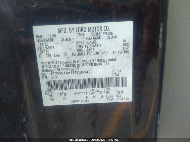 2008 FORD F-150 XLT/FX4/LARIAT VIN: 1FTPW14V18FA85142