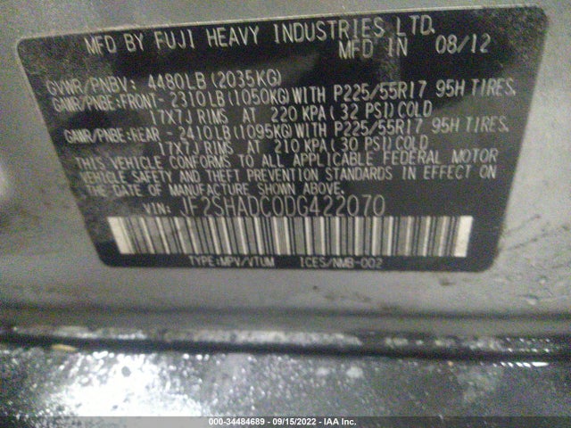 2013 SUBARU FORESTER 2.5X PREMIUM VIN: JF2SHADC0DG422070