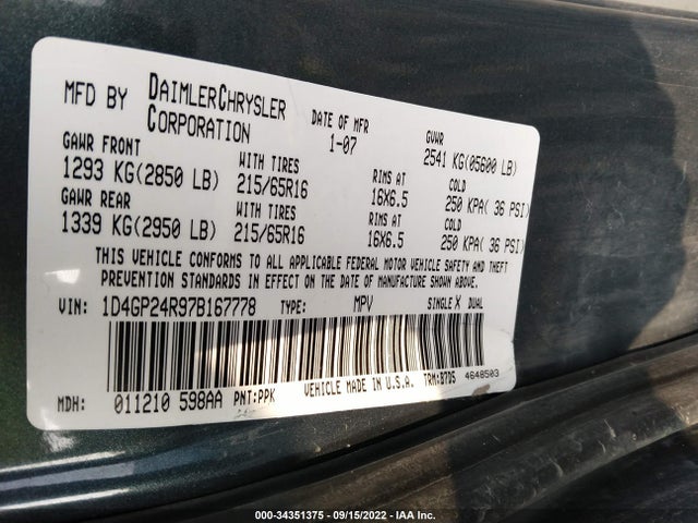 2007 DODGE GRAND CARAVAN SE VIN: 1D4GP24R97B167778
