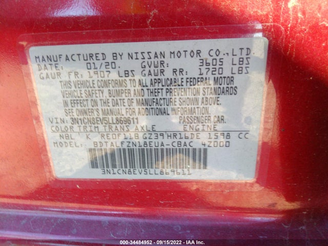 2020 Nissan Versa, VIN: 3N1CN8EV5LL869611