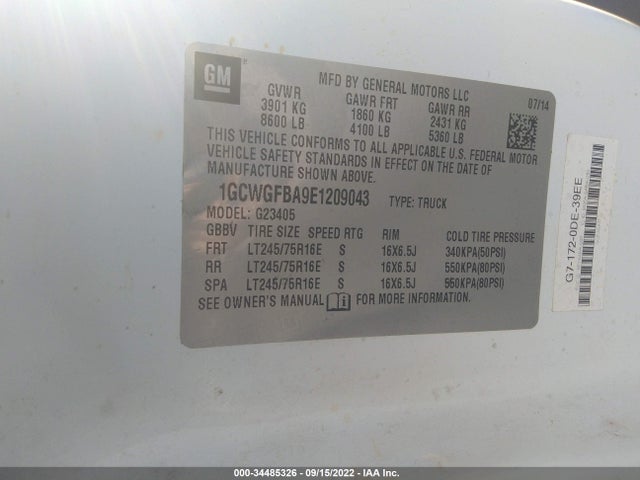 2014 CHEVROLET EXPRESS CARGO VAN VIN: 1GCWGFBA9E1209043