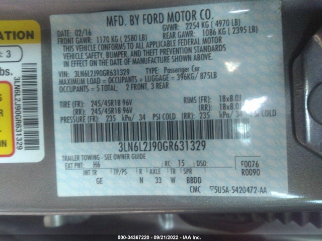 Lincoln MKZ 2016 3LN6L2J90GR631329 Image 10