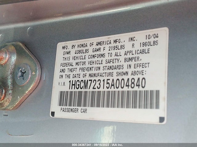 2005 HONDA ACCORD CPE LX VIN: 1HGCM72315A004840