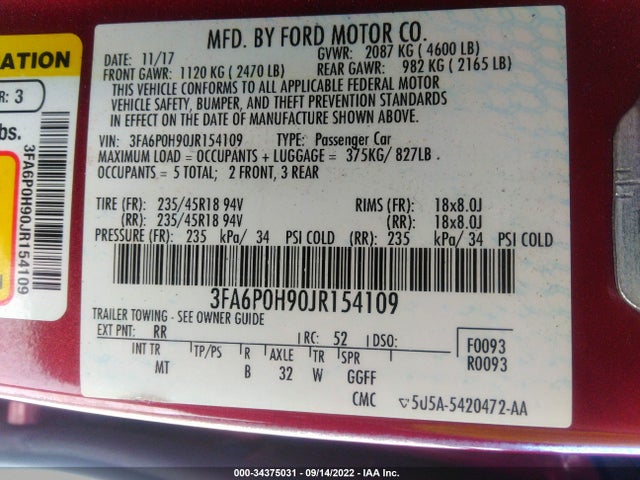 2018 Ford Fusion, VIN: 3FA6P0H90JR154109