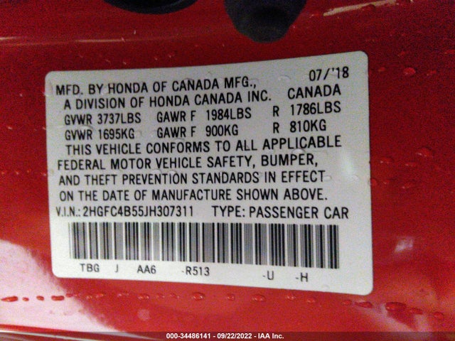 Honda CIVIC COUPE 2018 2HGFC4B55JH307311 Image 10