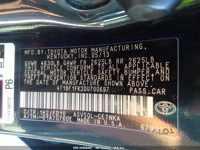 2013 TOYOTA CAMRY L/LE/SE/XLE VIN: 4T1BF1FK2DU700697