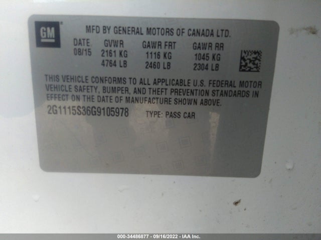 2016 Chevrolet Impala, VIN: 2G1115S36G9105978
