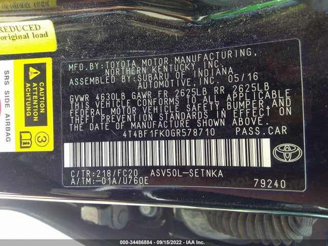 2016 TOYOTA CAMRY XLE/SE/LE/XSE VIN: 4T4BF1FK0GR578710