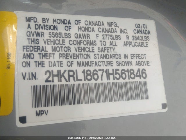 2001 HONDA ODYSSEY EX VIN: 2HKRL18671H561846