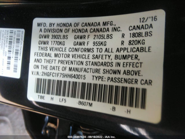 2017 Honda Civic, VIN: 2HGFC1F75HH640015