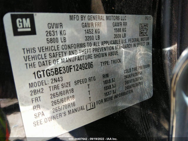 2015 GMC Canyon, VIN: 1GTG5BE30F1249206