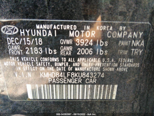 2019 Hyundai Elantra, VIN: KMHD84LF8KU843274