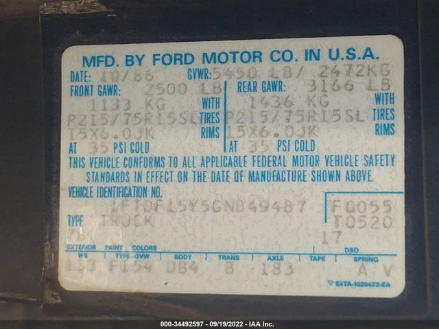 1986 FORD F150 VIN: 1FTDF15Y5GNB49487