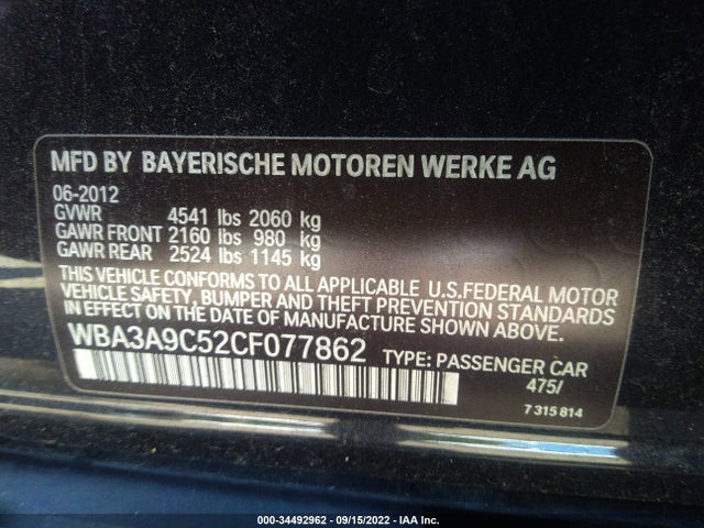 2012 BMW 3 SERIES 335I VIN: WBA3A9C52CF077862