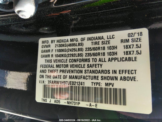 2018 HONDA CR-V TOURING VIN: 7FARW1H97JE021241