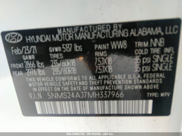 2021 Hyundai Santa Fe, VIN: 5NMS24AJ7MH337966