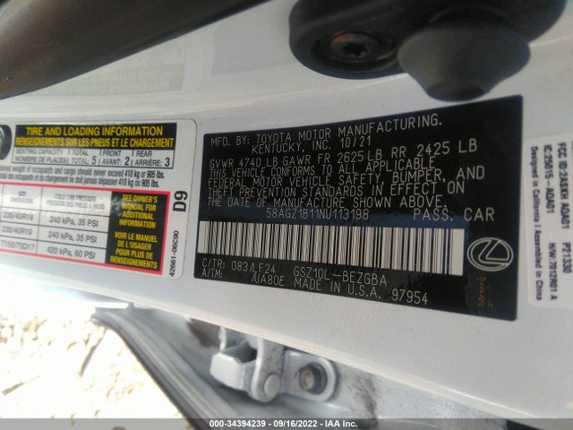 Lexus ES 2022 58AGZ1B11NU113198 Image 9