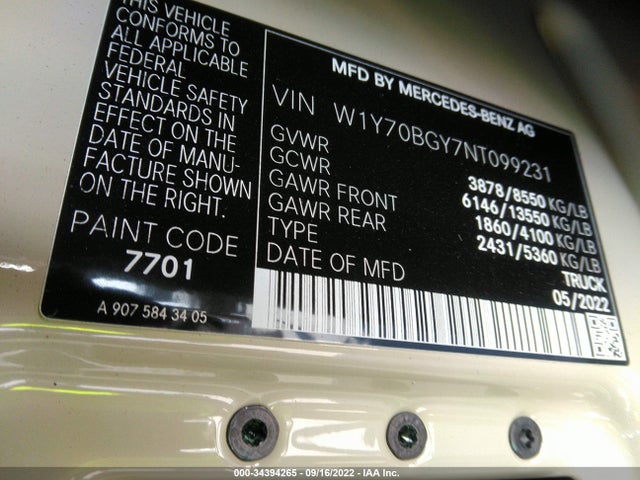 2022 Mercedes-Benz Sprinter, VIN: W1Y70BGY7NT099231