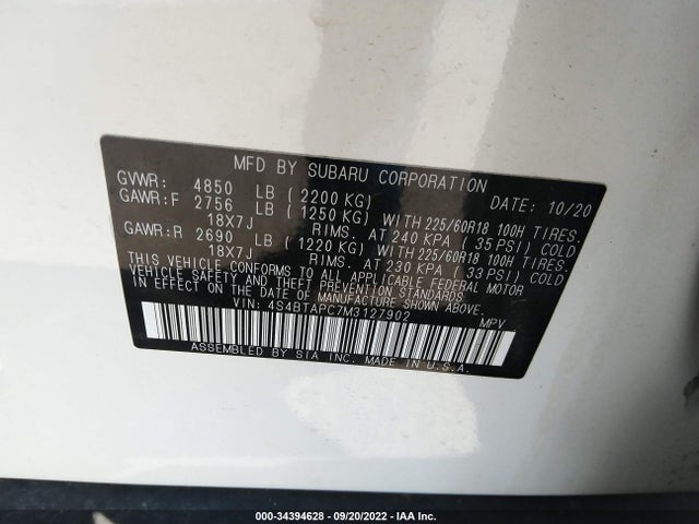 2021 SUBARU OUTBACK TOURING VIN: 4S4BTAPC7M3127902