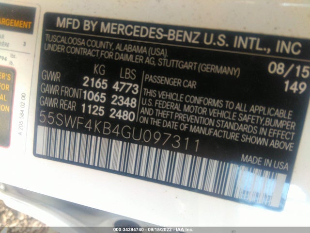 2016 Mercedes-Benz C-Class, VIN: 55SWF4KB4GU097311