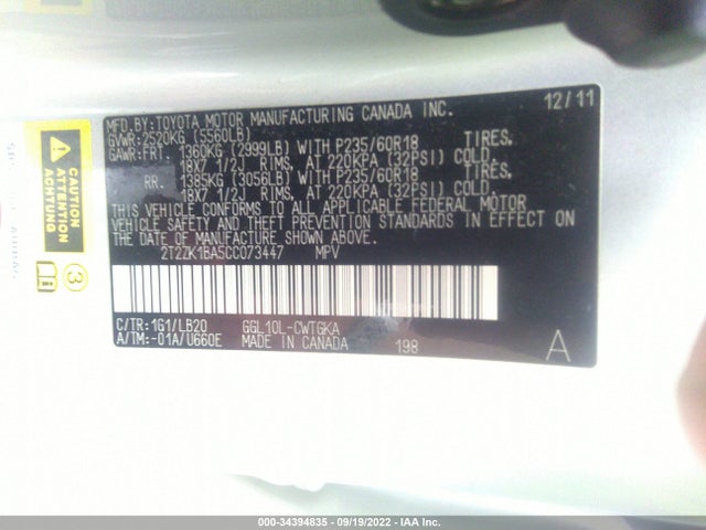 Lexus RX 350 2012 2T2ZK1BA5CC073447 Image 10