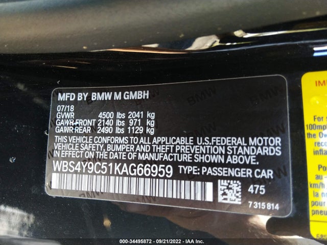2019 BMW M4, VIN: WBS4Y9C51KAG66959