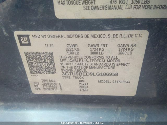 3GTU9BED9LG186958 GMC Sierra 1500 Sle