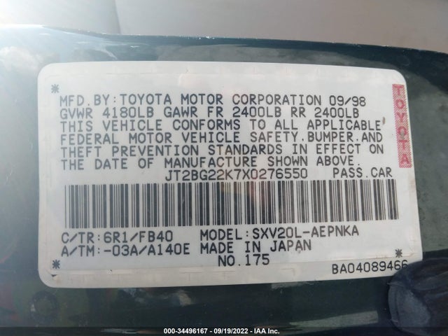 1999 TOYOTA CAMRY LE/XLE/CE VIN: JT2BG22K7X0276550