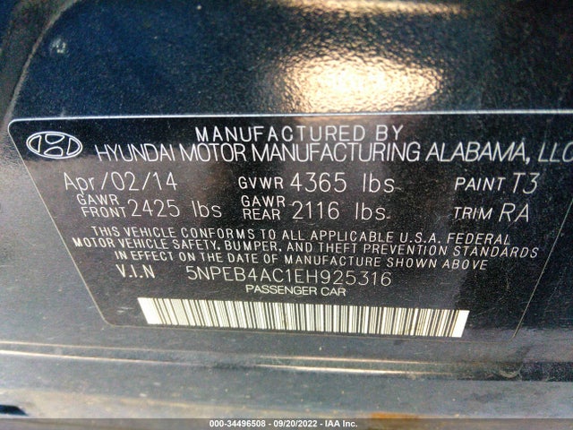 2014 HYUNDAI SONATA GLS VIN: 5NPEB4AC1EH925316