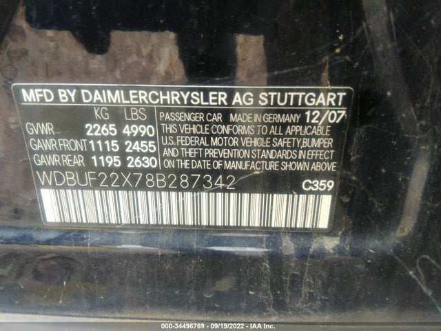 2008 MERCEDES-BENZ E-CLASS 3.0L VIN: WDBUF22X78B287342