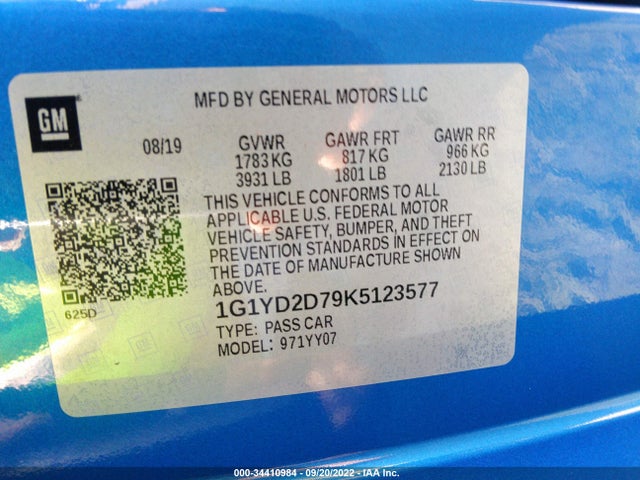 2019 Chevrolet Corvette, VIN: 1G1YD2D79K5123577
