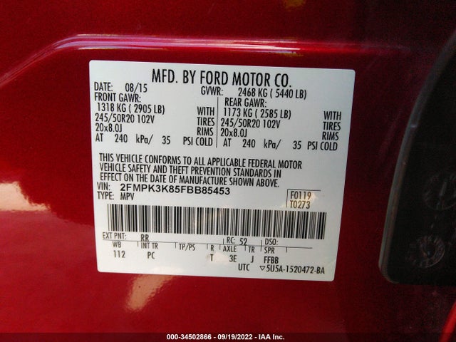 2015 Ford Edge, VIN: 2FMPK3K85FBB85453