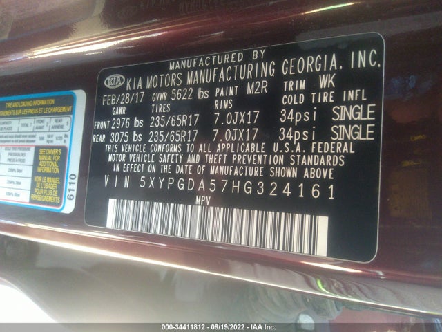 2017 Kia Sorento, VIN: 5XYPGDA57HG324161