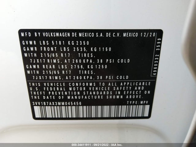 2021 Volkswagen Tiguan, VIN: 3VV1B7AX3MM045456